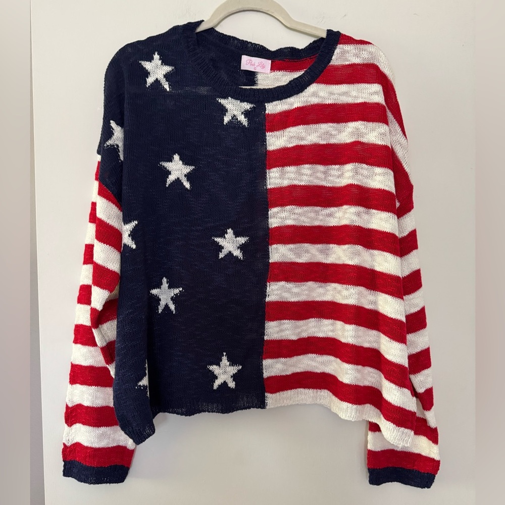 Pink Lily Patriotic Stars and Stripes Sweater - Red, White, and Blue